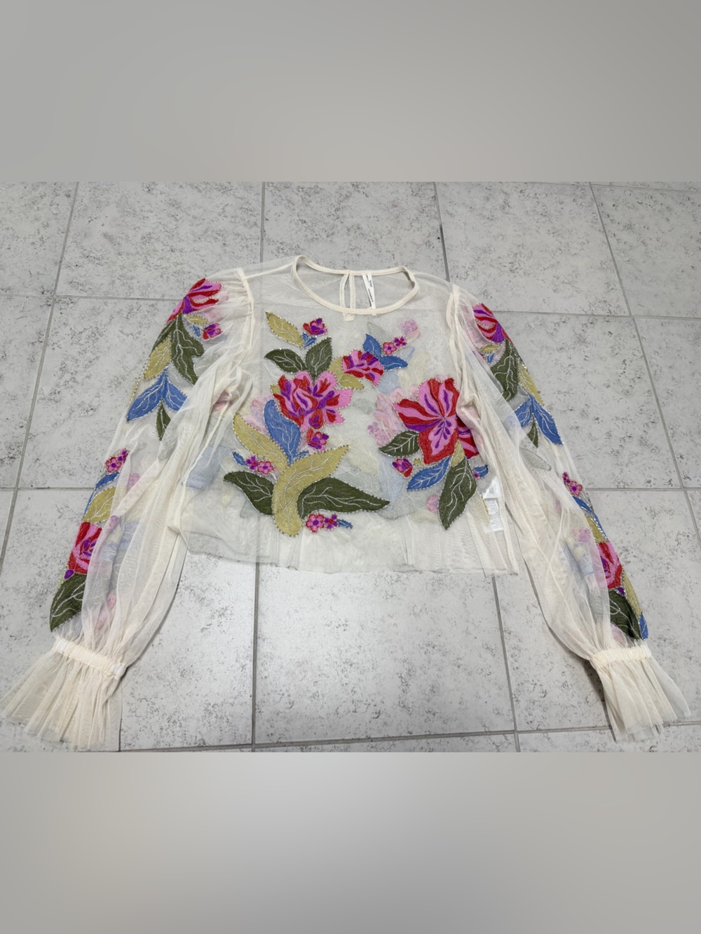 Anthropologie Cream Sheer Mesh Top with floral Embellishment bohemian - Picture 1 of 4